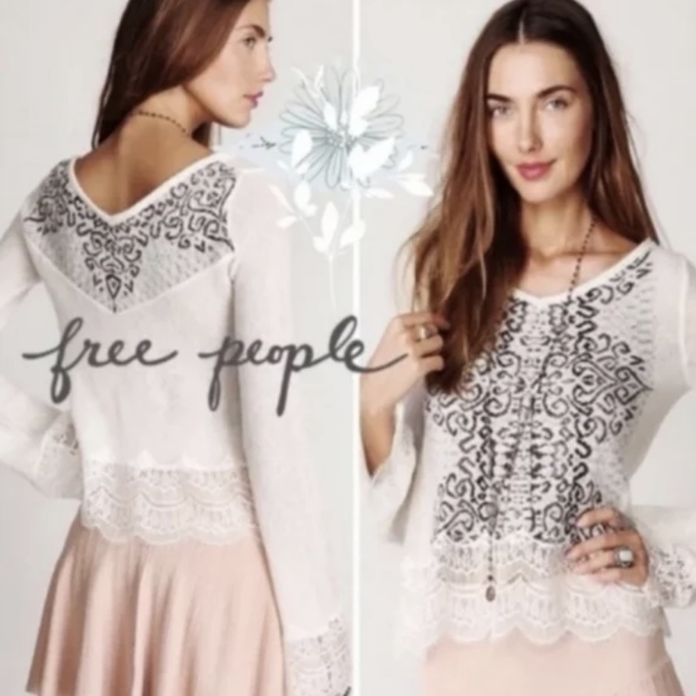 Free People Ivory Grat Fair Isle Lace Trim Sweater. Size: Medium.